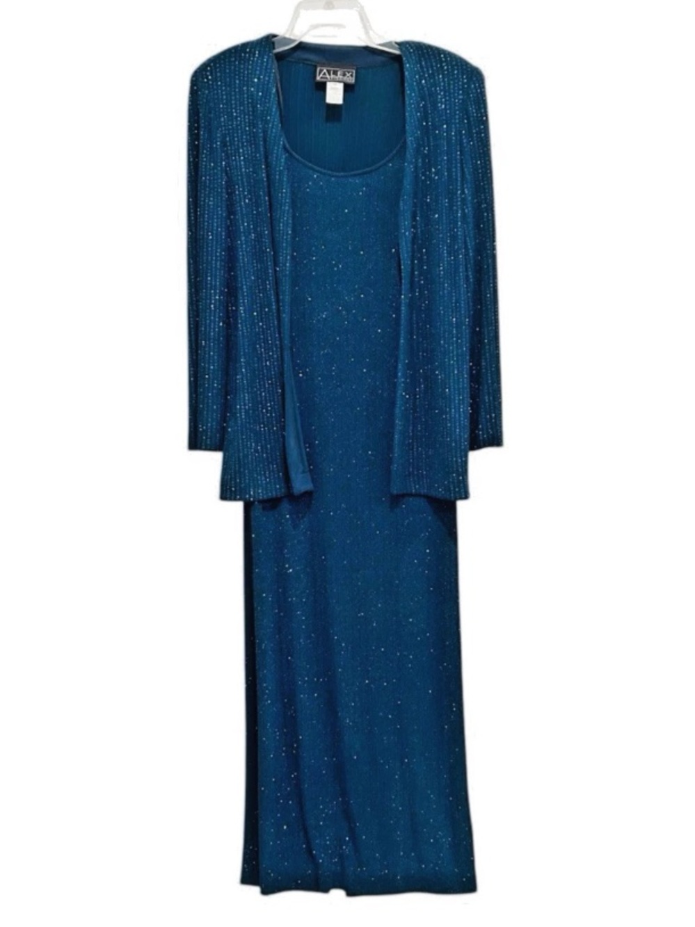 ALEX EVENINGS 2-Piece Glitter Knit Dress & Jacket Set Teal Size 10 Formalwear